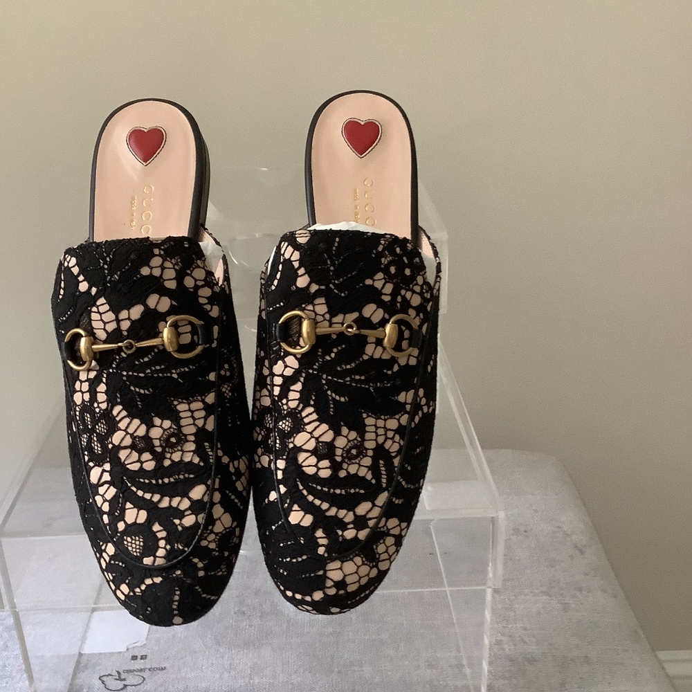 Gucci Horsebit Mule black and cream fabric and lace shoes